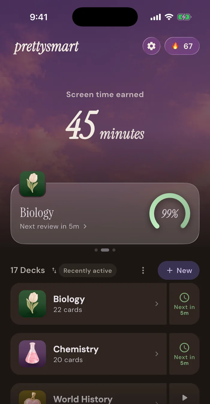 The prettysmart home screen in dark mode, with a dusk sky behind the screen time counter.