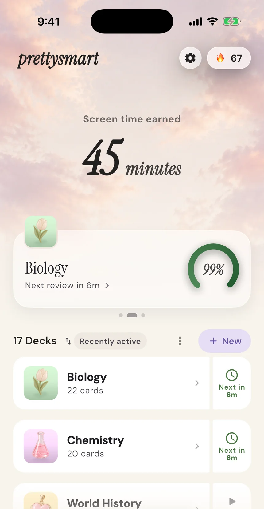 The prettysmart home screen: 45 minutes of screen time earned, a 67 day streak, and a list of decks.