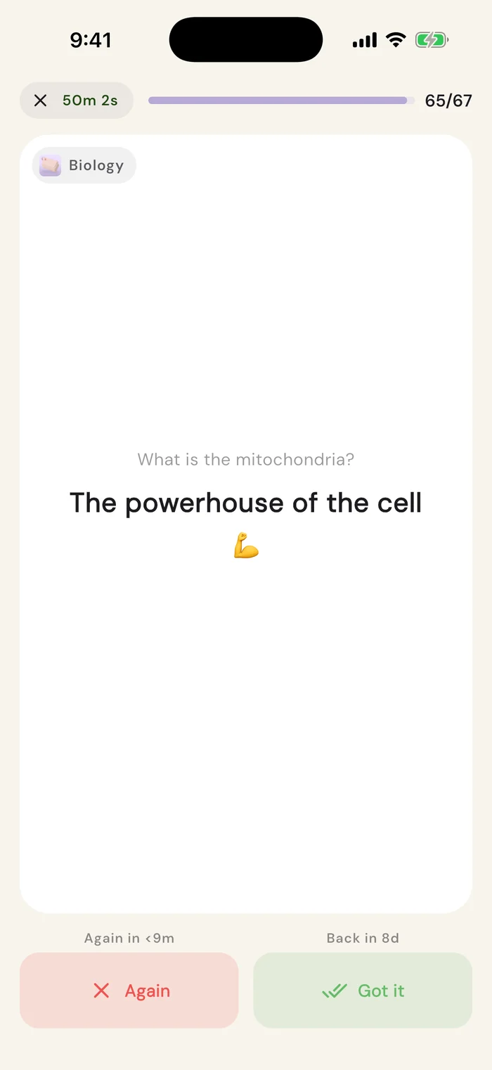 A flashcard in the prettysmart study screen reading: what is the mitochondria? The powerhouse of the cell.